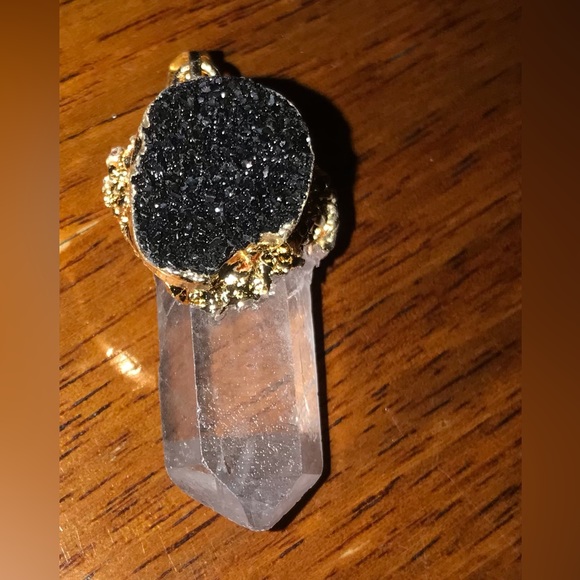 “Black Druzy & Clear Quartz” Crystal Pyramid Terminated Point Wand Gold Necklace - Picture 16 of 16